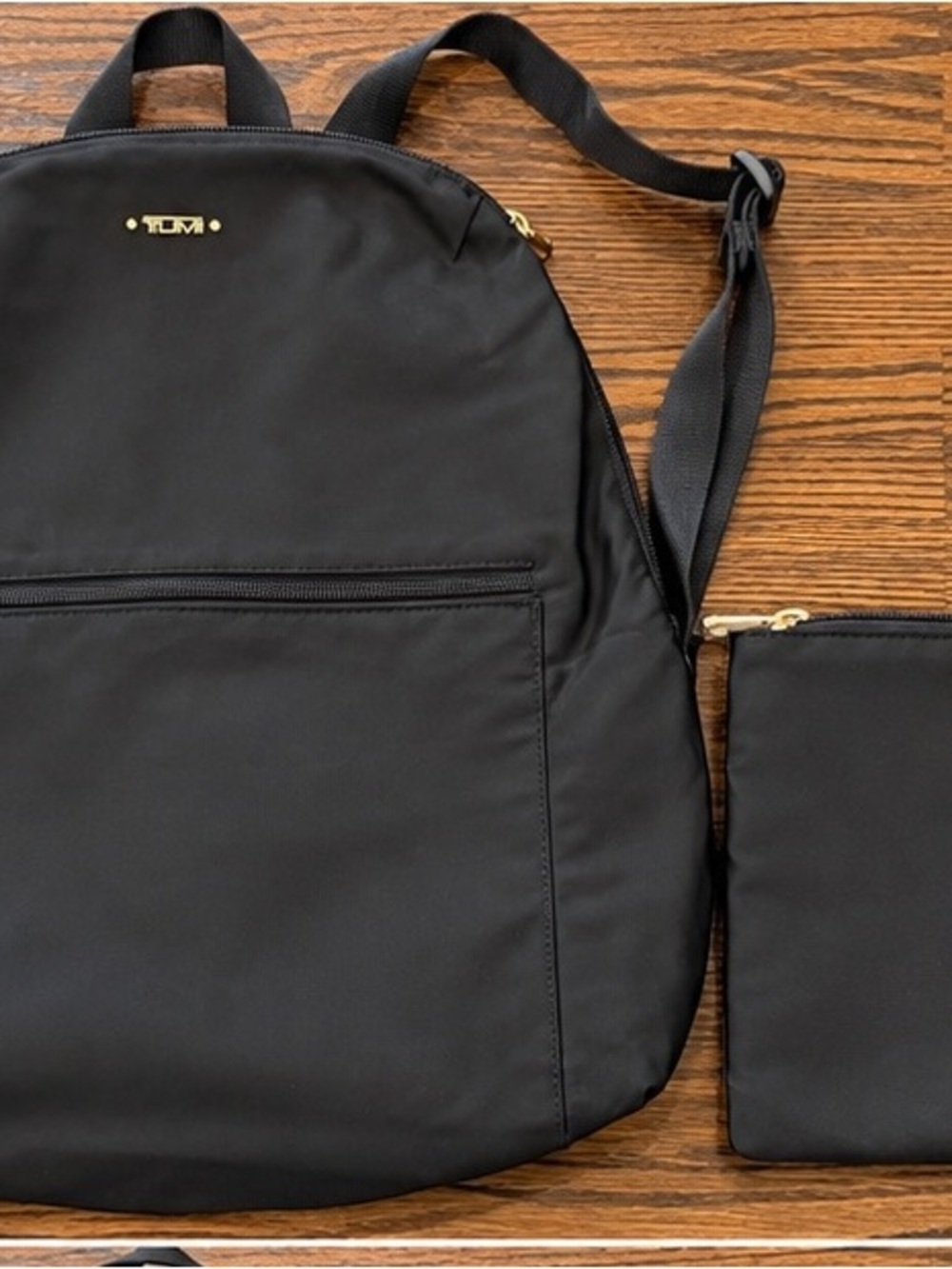 Tumi Black Nylon Backpack with Matching Pouch and Gold Accents